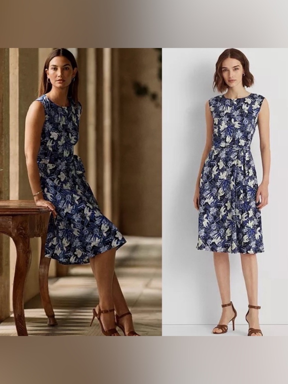 Lauren Ralph Lauren 
Floral Crepe Dress
Blue/Cream White /Navy Size 14
